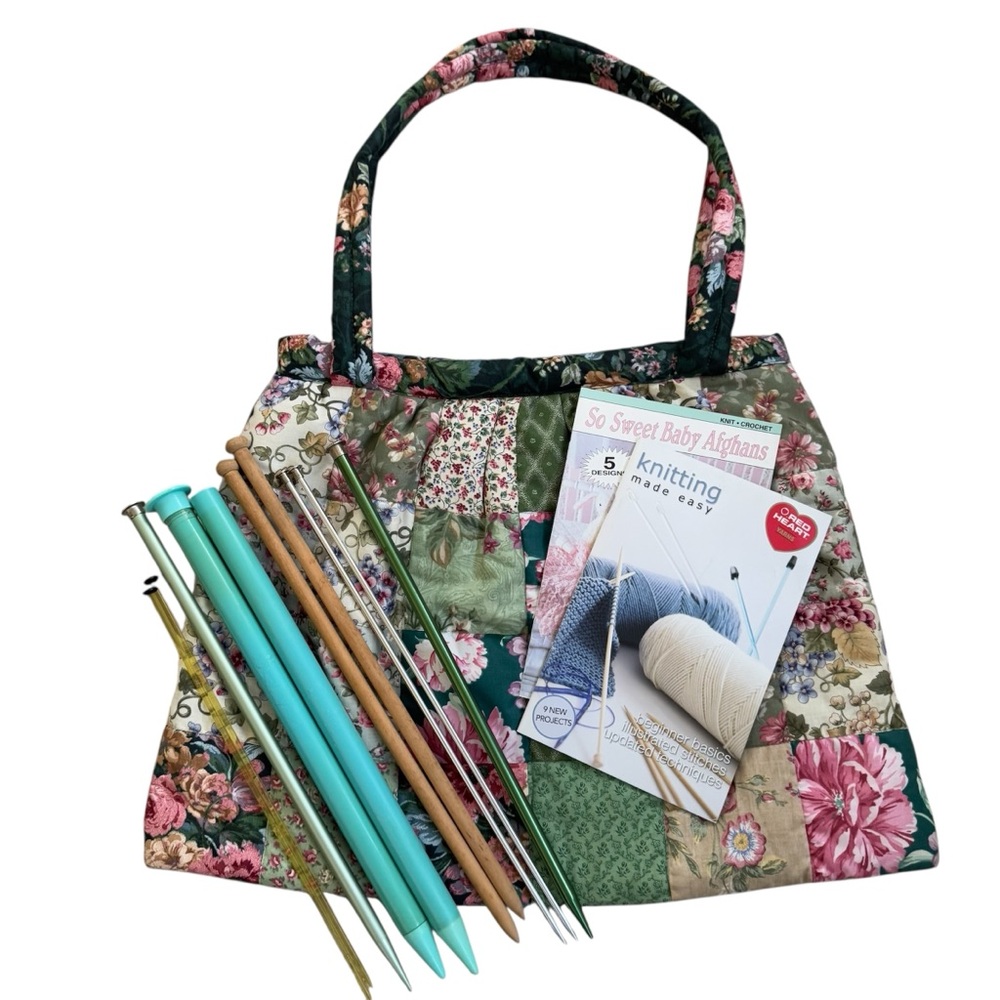 Vintage Knitting Supply Bundle. Handmade Bag, 2 Books, 4 Sets - Knitting Needles
